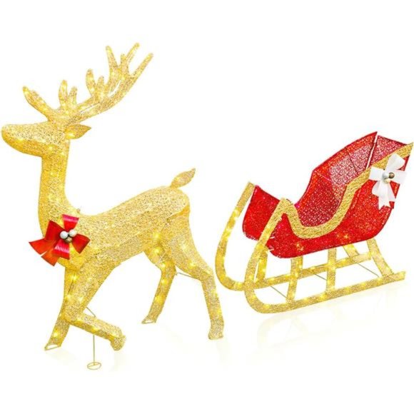 Pre-lit Christmas Reindeer,  Light Up Gold Deer and Red Sled with LED Light - Picture 1 of 7